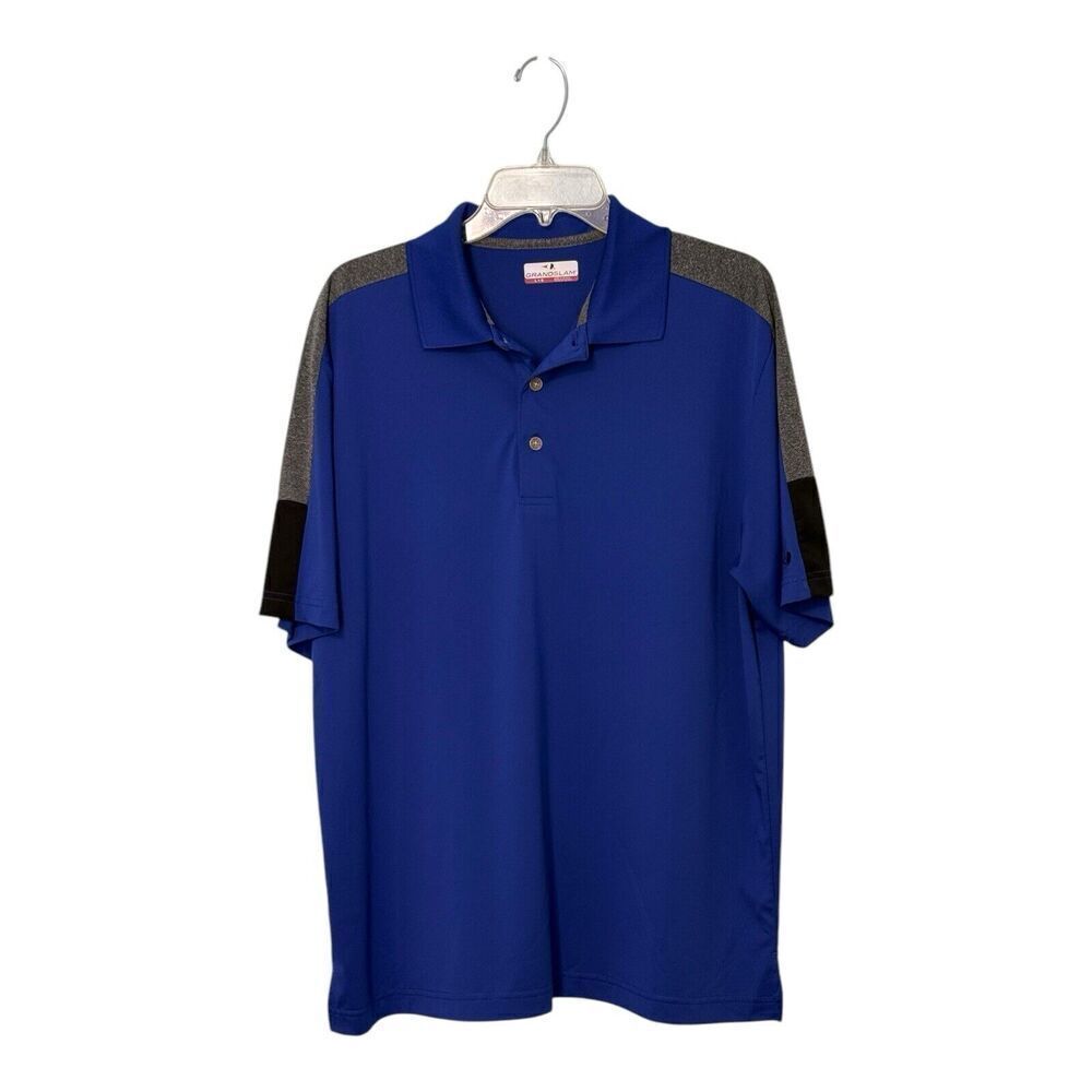 GRAND SLAM PERFORMANCE Polo Men's sz L Blue Short Slve 3 Button Collar Hem Slit